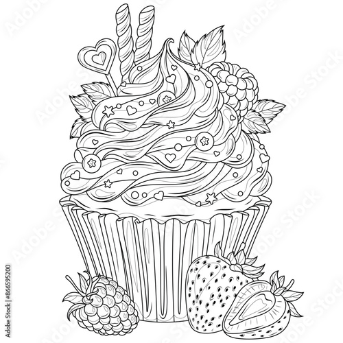 Cupcake with berries and decoration.Coloring book antistress for children and adults.	