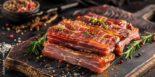 A plate of bacon with herbs and spices on a wooden cutting board