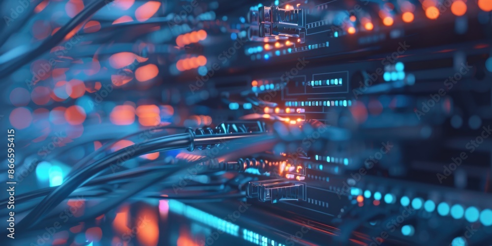A computer network with many wires and lights A computer network with many wires and lights
