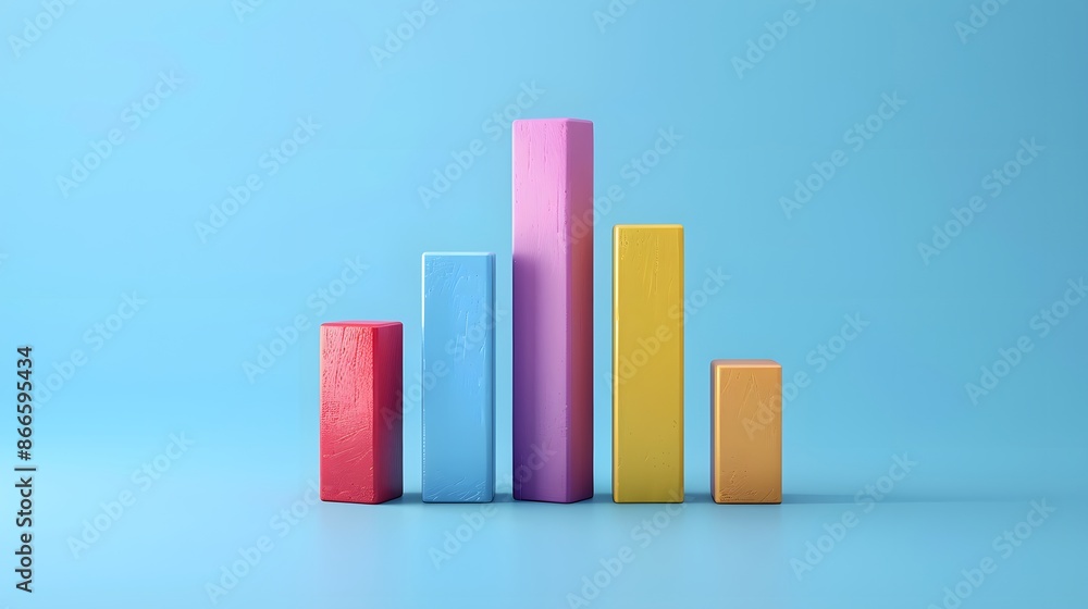 Colorful 3D bar chart illustration on a blue background, representing data visualization, business, and statistical growth.