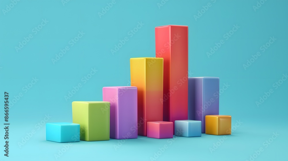 Colorful 3D bar chart illustration on a blue background representing data analysis, statistics, and business growth opportunities. Colorful 3D bar chart illustration on a blue background representing data analysis, statistics, and business growth opportunities.