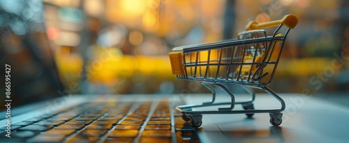 Miniature Shopping Cart on Laptop Keyboard in Blurry Background