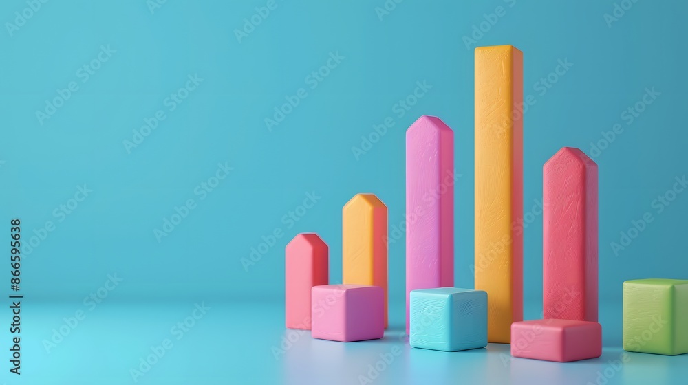 Colorful 3D bar chart on a blue background representing data analysis, business growth, and financial statistics in vibrant hues. Colorful 3D bar chart on a blue background representing data analysis, business growth, and financial statistics in vibrant hues.