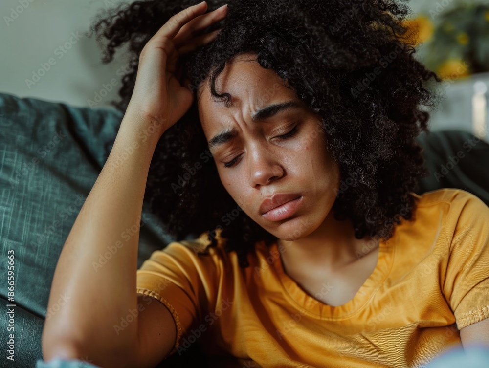 A woman with curly hair is crying on a couch