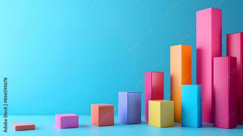 Colorful 3D bar chart on a blue background representing data analysis, business growth, and statistical information. Colorful 3D bar chart on a blue background representing data analysis, business growth, and statistical information.