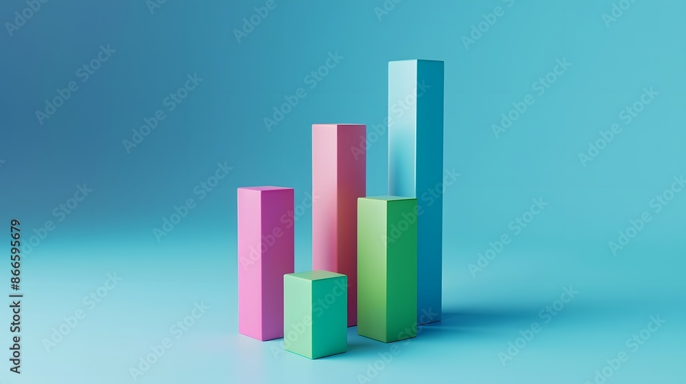 Colorful 3D bar chart on a blue background representing data growth and business statistics in a minimalist and modern style. Colorful 3D bar chart on a blue background representing data growth and business statistics in a minimalist and modern style.
