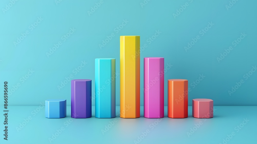 Colorful 3D bar chart on a blue background representing data analysis, business growth, and statistical information. Colorful 3D bar chart on a blue background representing data analysis, business growth, and statistical information.
