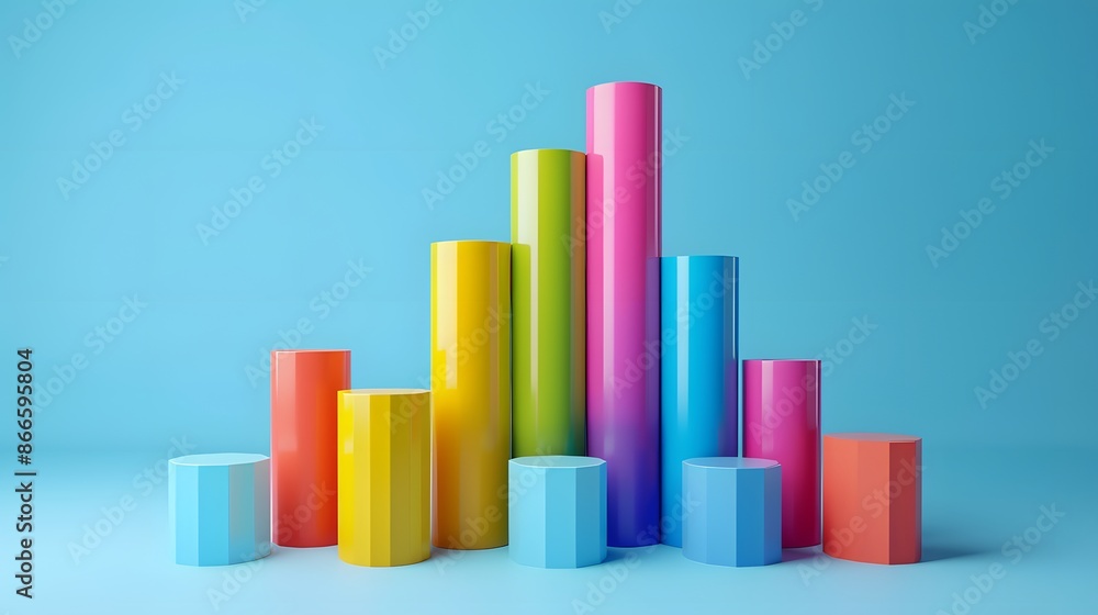 Colorful 3D bar chart on blue background, representing data visualization and business analysis. Creative and vibrant graphic design concept. Colorful 3D bar chart on blue background, representing data visualization and business analysis. Creative and vibrant graphic design concept.