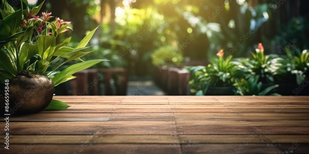 Fototapeta premium A wooden table with a potted plant on it
