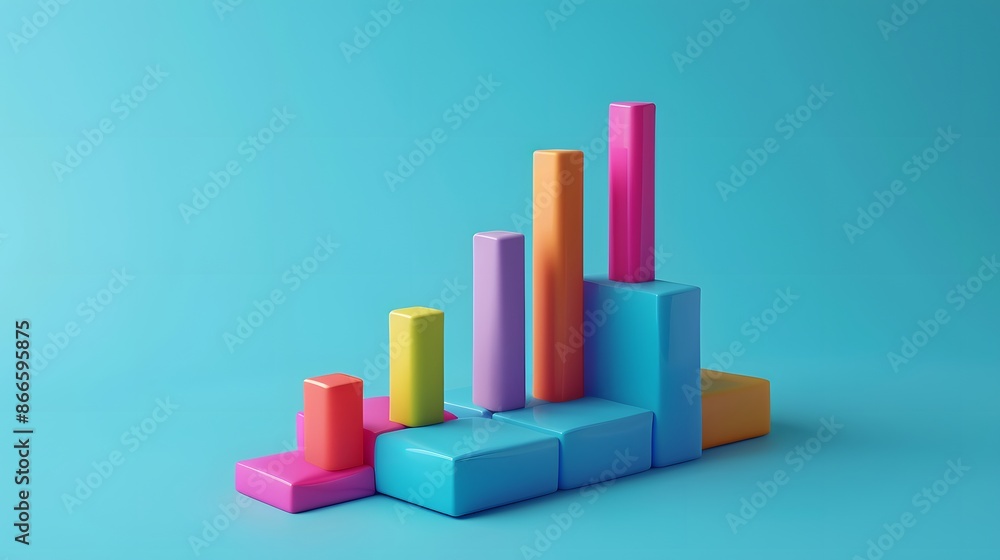 Colorful 3D bar chart with different height blocks on a blue background, representing growth, statistics, and data visualization. Colorful 3D bar chart with different height blocks on a blue background, representing growth, statistics, and data visualization.