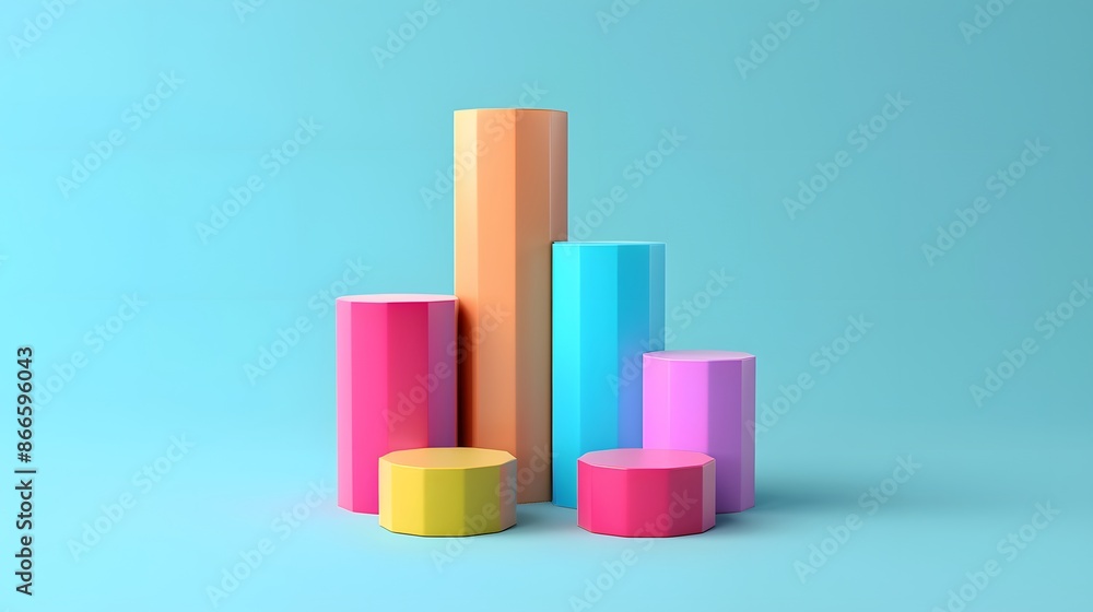 Colorful 3D bar graph against a light blue background, displaying various heights and vibrant colors for business and data presentations. Colorful 3D bar graph against a light blue background, displaying various heights and vibrant colors for business and data presentations.