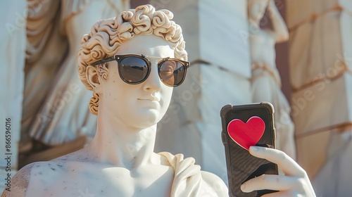 Ancient Greek marble man sculpture in sunglasses receiving hearts on social media using cellphone. 