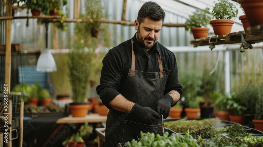 A man in a black apron is cutting herbs in a greenhouse A man in a black apron is cutting herbs in a greenhouse