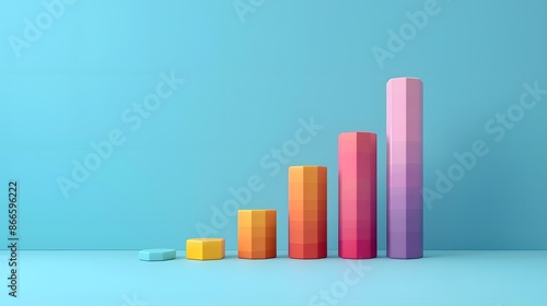 Colorful 3D bar graph illustration with five bars on blue background representing data growth, analysis, and business success. photo