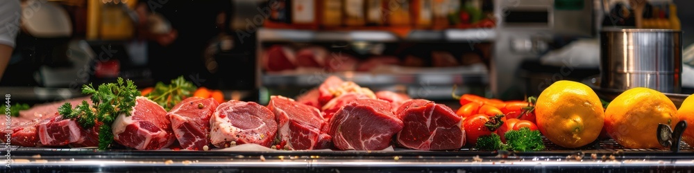 fresh meat in the shop window. Selective focus fresh meat in the shop window. Selective focus