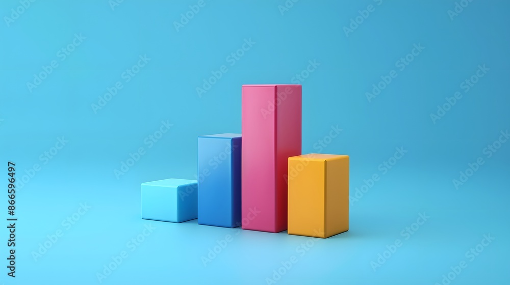 Colorful 3D bar graph on a blue background representing data analysis, business growth, and financial statistics in a minimalist style. Colorful 3D bar graph on a blue background representing data analysis, business growth, and financial statistics in a minimalist style.