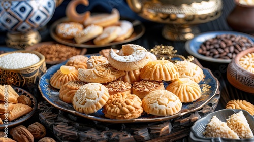 Assorted semolina maamoul or mamoul cookies , awameh or lokma with ramadan decor crescent moon. Traditional arabic Eid al Adha