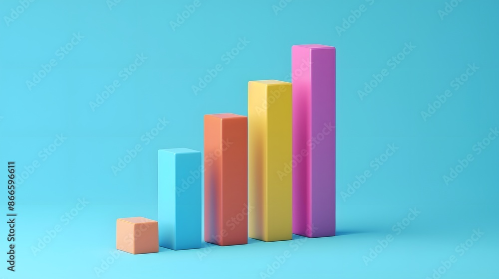 Colorful 3D bar graph representing data analysis, growth, and financial success on a light blue background.