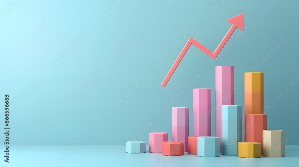 Colorful 3D bar graph with an upward arrow on a blue background, representing financial growth, success, and business progress. Colorful 3D bar graph with an upward arrow on a blue background, representing financial growth, success, and business progress.