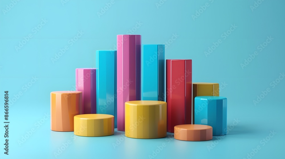 Colorful 3D bar graph with cylindrical shapes on light blue background representing data visualization in vibrant colors. Colorful 3D bar graph with cylindrical shapes on light blue background representing data visualization in vibrant colors.