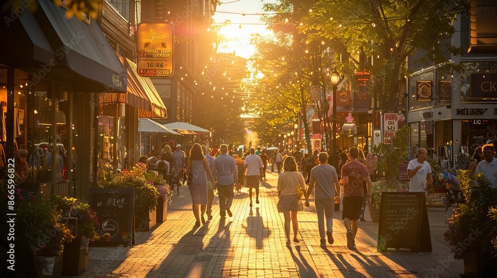 Bustling street scene with people walking during golden hour