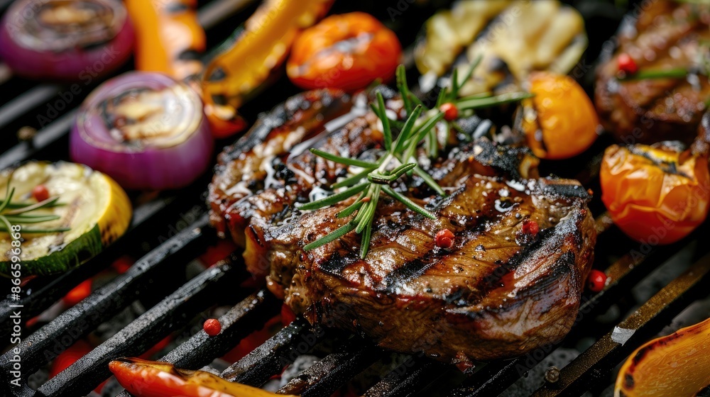 steak and vegetables on the grill. Selective focus steak and vegetables on the grill. Selective focus