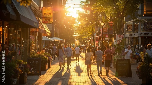 Obraz na płótnie Bustling street scene with people walking during golden hour w salonie