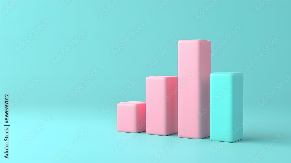 Colorful 3D bar graph with pastel shades on a turquoise background, representing data analysis, growth, or business metrics. Colorful 3D bar graph with pastel shades on a turquoise background, representing data analysis, growth, or business metrics.