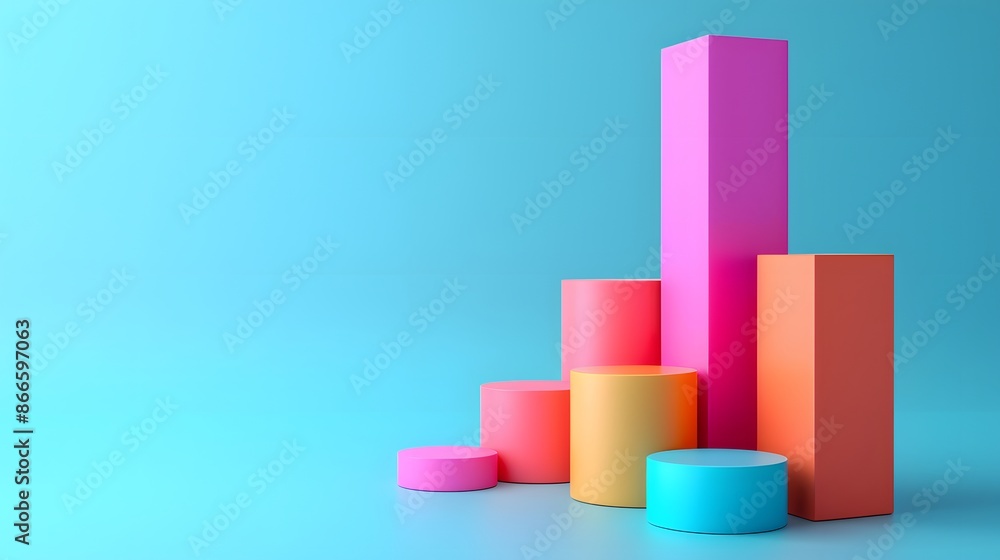 Colorful 3D bar graph with various heights against a blue gradient background, representing business data and statistics. Colorful 3D bar graph with various heights against a blue gradient background, representing business data and statistics.