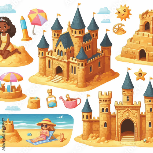 Cartoon sandcastle with tower, gate and window for summer beach vacation and children play concept. Vector illustration set of palace sculpture made of yellow shore sand. Summertime activity elements.