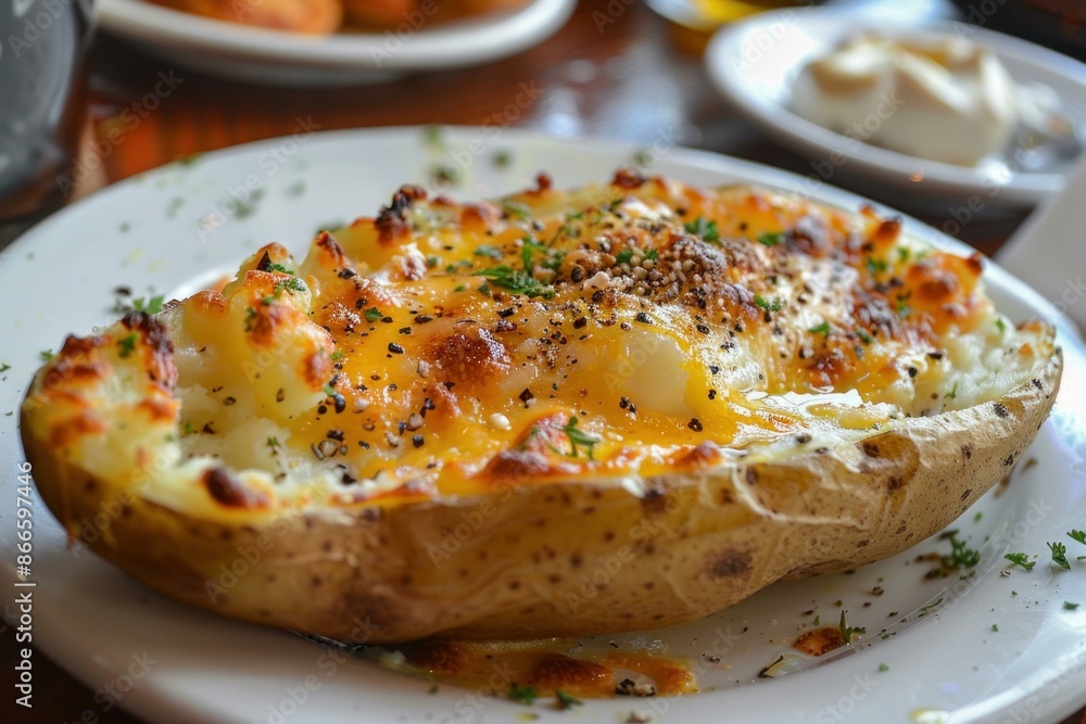 Enjoying a hearty and cheesy loaded baked potato at a restaurant Enjoying a hearty and cheesy loaded baked potato at a restaurant