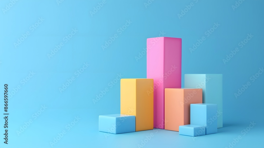 Colorful bar graph display on a blue background. 3D rendering of a data visualization concept with geometric shapes. Colorful bar graph display on a blue background. 3D rendering of a data visualization concept with geometric shapes.