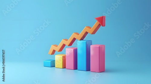 Colorful bar graph and arrow pointing upwards symbolizing growth and success on a blue background. Ideal for financial or business themes. Free Download Colorful bar graph and arrow pointing upwards symbolizing growth and success on a blue background. Ideal for financial or business themes. - GFXLoad