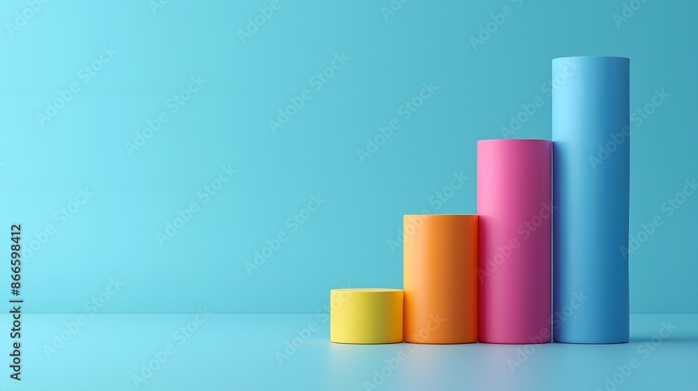 Colorful cylindrical bar graph on a blue background symbolizing data growth and success in business analytics and statistics. Colorful cylindrical bar graph on a blue background symbolizing data growth and success in business analytics and statistics.