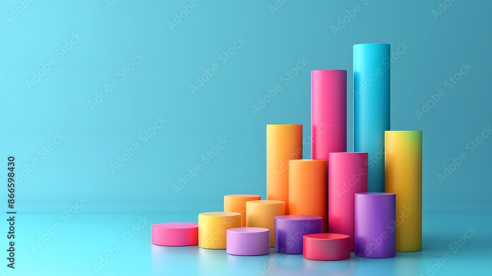 Colorful cylindrical bars arranged in a bar graph formation against a solid blue background. Colorful cylindrical bars arranged in a bar graph formation against a solid blue background.