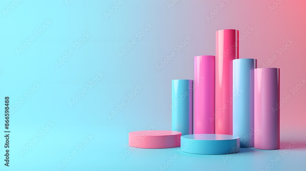 Colorful cylindrical shapes in pink and blue on a gradient background. Modern geometric abstract design, 3D rendering, futuristic illustration. Colorful cylindrical shapes in pink and blue on a gradient background. Modern geometric abstract design, 3D rendering, futuristic illustration.