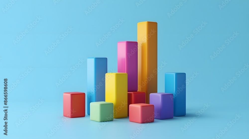 Colorful geometric blocks arranged in a graph-like formation on a blue background, representing data visualization and business growth. Colorful geometric blocks arranged in a graph-like formation on a blue background, representing data visualization and business growth.
