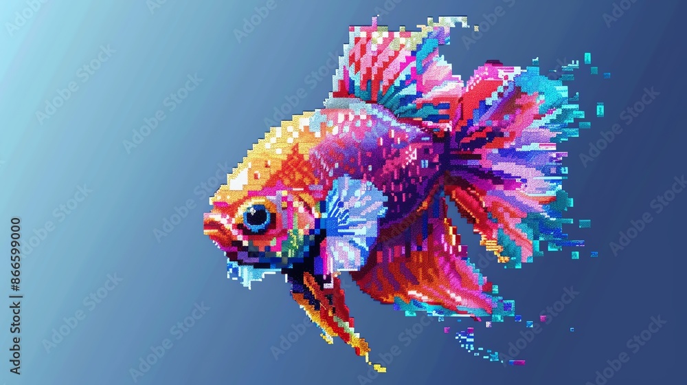 Pixel art of a colorful tropical fish, detailed scales, isolated on a blue background, vibrant style Pixel art of a colorful tropical fish, detailed scales, isolated on a blue background, vibrant style