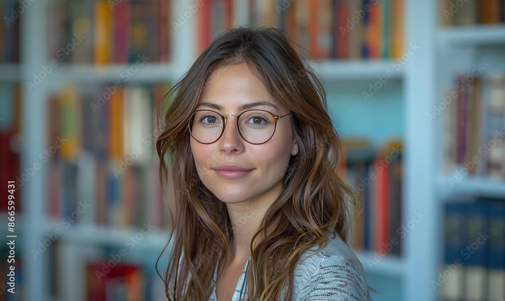 A professional woman stands against bright, colorful bookshelves in a portrait, symbolizing her intellectual depth and vibrant personality. A professional woman stands against bright, colorful bookshelves in a portrait, symbolizing her intellectual depth and vibrant personality.