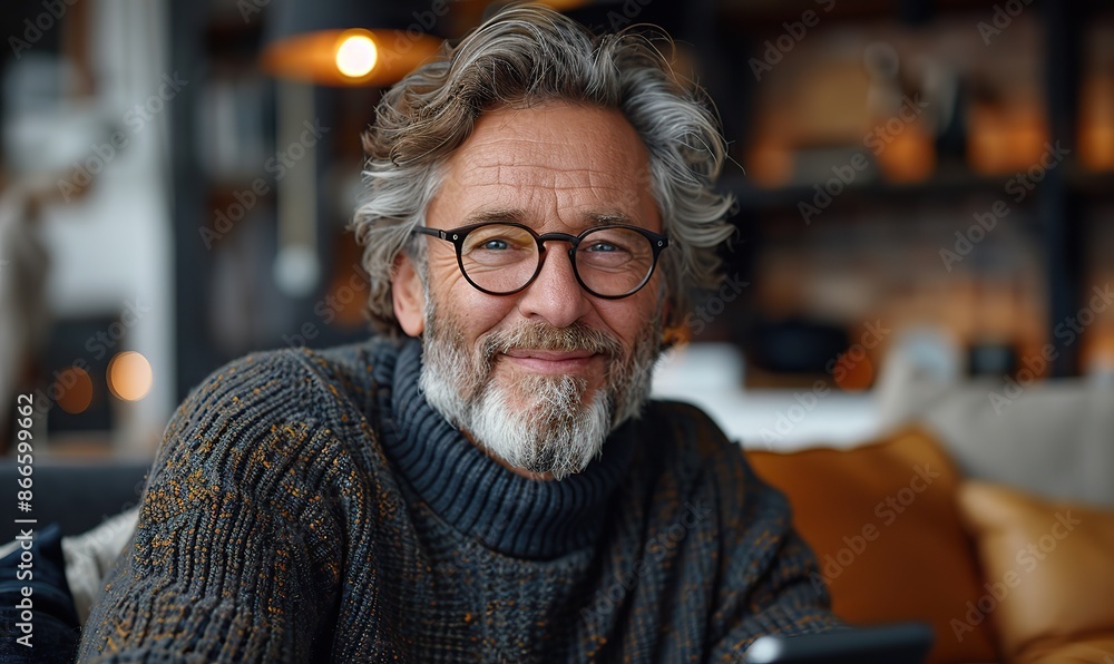 At home, a smiling man uses a smartphone, conveying a sense of comfort and modern connectivity. At home, a smiling man uses a smartphone, conveying a sense of comfort and modern connectivity.