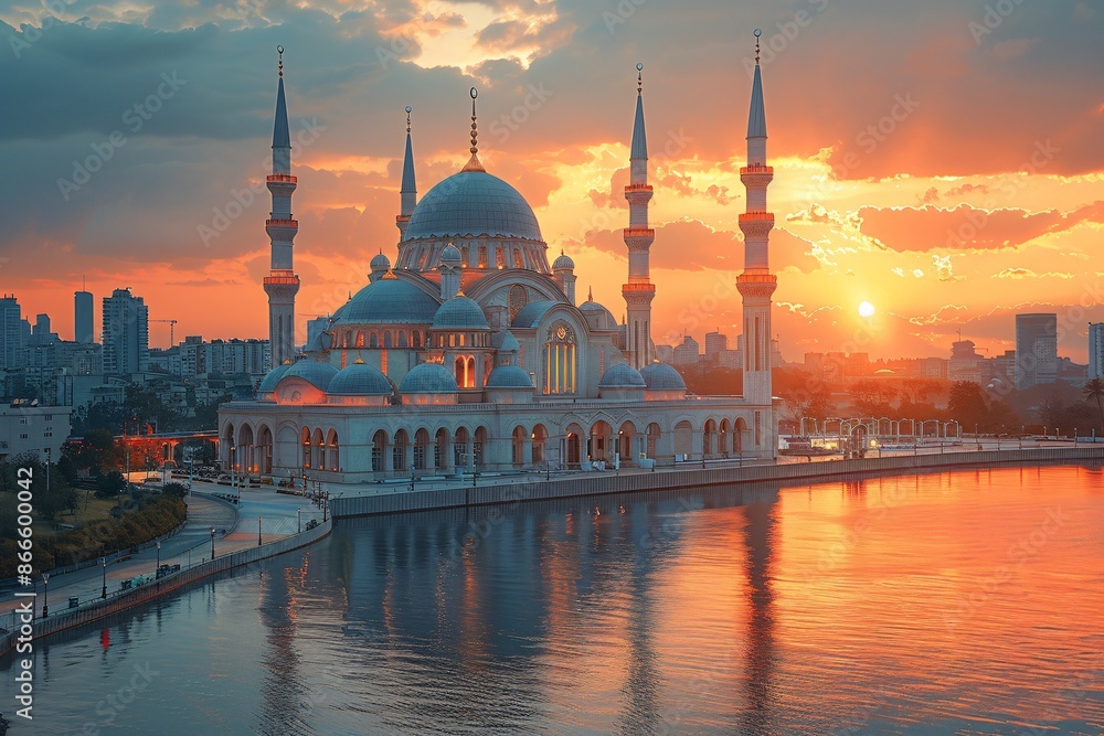 Fototapeta premium Mosque at Sunset with Golden Reflections