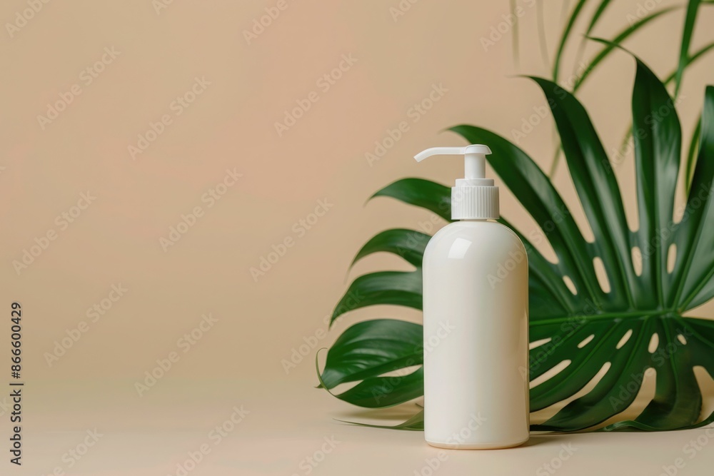 One white bottle with serum for caring face, hair, hands and body. Beige background with green tropical leaf. Natural organic eco cosmetics concept. One white bottle with serum for caring face, hair, hands and body. Beige background with green tropical leaf. Natural organic eco cosmetics concept.