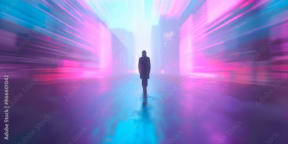 Exploring the Metaverse A Man in a Surreal Cityscape against a Colorful Background. Concept Metaverse Exploration, Surreal Cityscape, Colorful Background, Man Portrait, Digital Technology Exploring the Metaverse A Man in a Surreal Cityscape against a Colorful Background. Concept Metaverse Exploration, Surreal Cityscape, Colorful Background, Man Portrait, Digital Technology