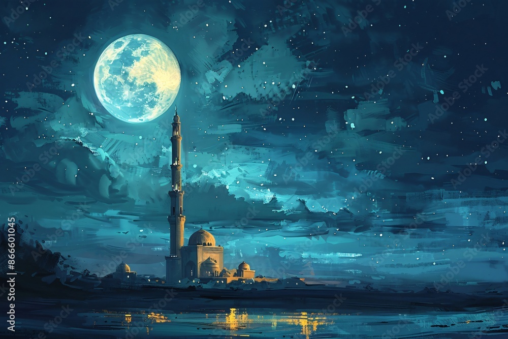 Obraz premium Mosque Under a Full Moon and Starry Sky