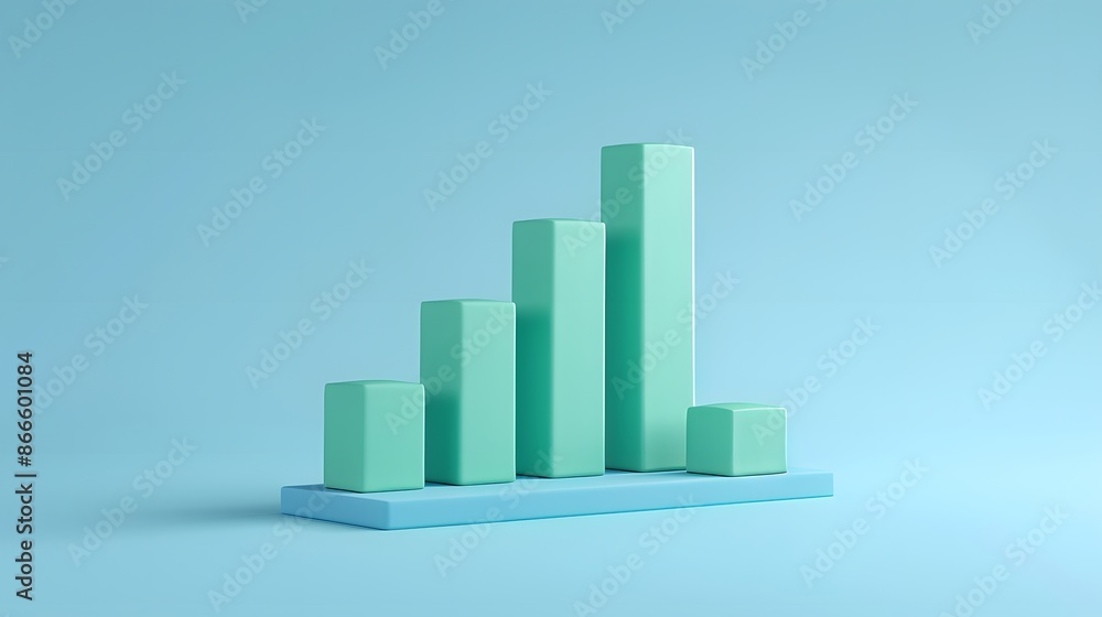 Minimalist 3D bar chart on a blue background representing data analysis, growth, and progress in a clean and modern style. Minimalist 3D bar chart on a blue background representing data analysis, growth, and progress in a clean and modern style.