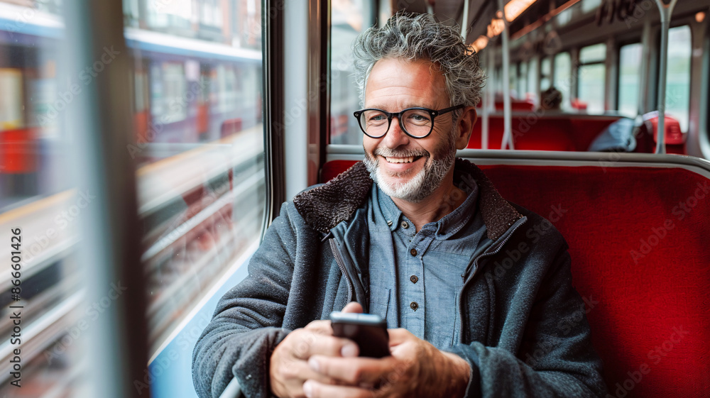 Middle aged man holding phone while sitting on train looking out the window Middle aged man holding phone while sitting on train looking out the window