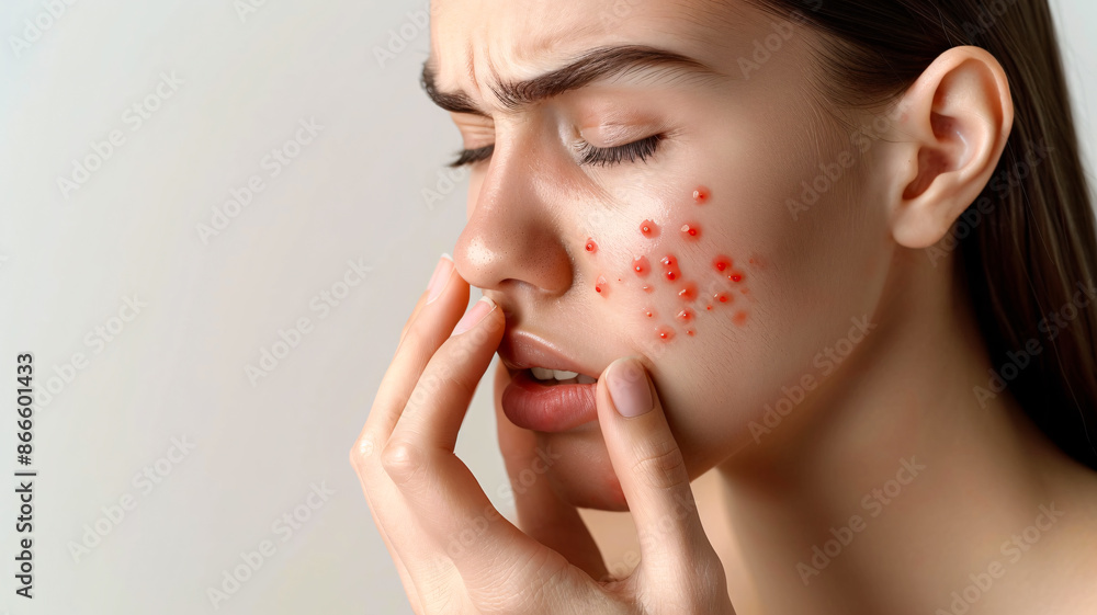 Sad woman with emerging red pimple on her cheek Sad woman with emerging red pimple on her cheek