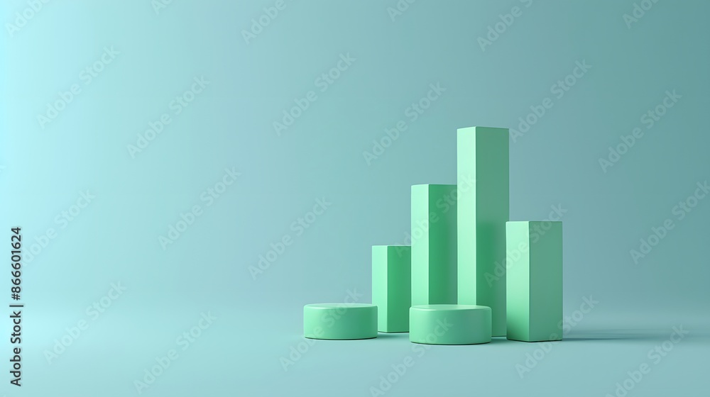 Minimalist green 3D bar chart on pastel background representing data visualization, growth statistics, or financial analysis. Minimalist green 3D bar chart on pastel background representing data visualization, growth statistics, or financial analysis.