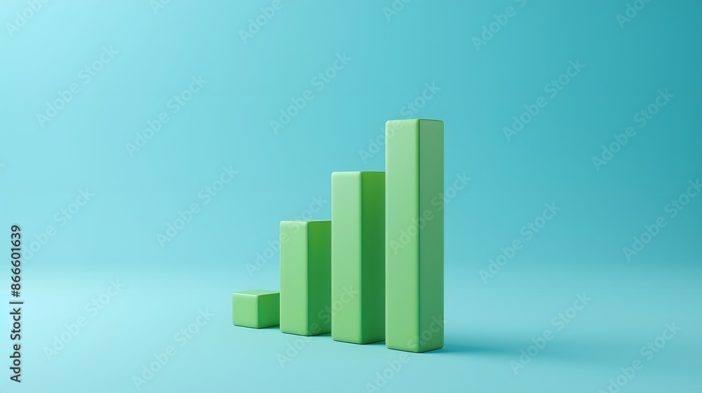 Minimalist green bar chart on blue background representing business growth, progress, and financial success in modern design. Minimalist green bar chart on blue background representing business growth, progress, and financial success in modern design.