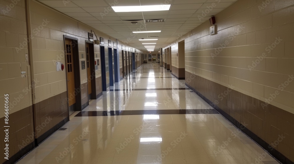 Empty school hallway with student lockers Empty school hallway with student lockers